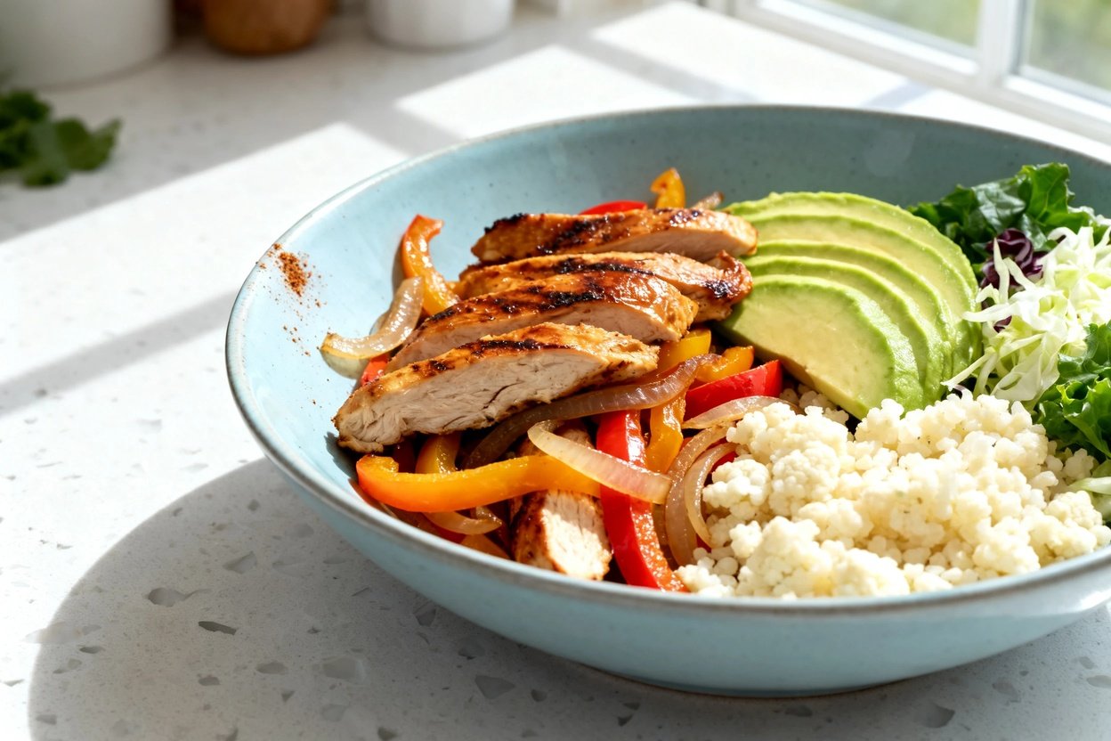 shot (~40–45 degrees) of the same plated keto chicken fajita meal prep bowl on identical light blue