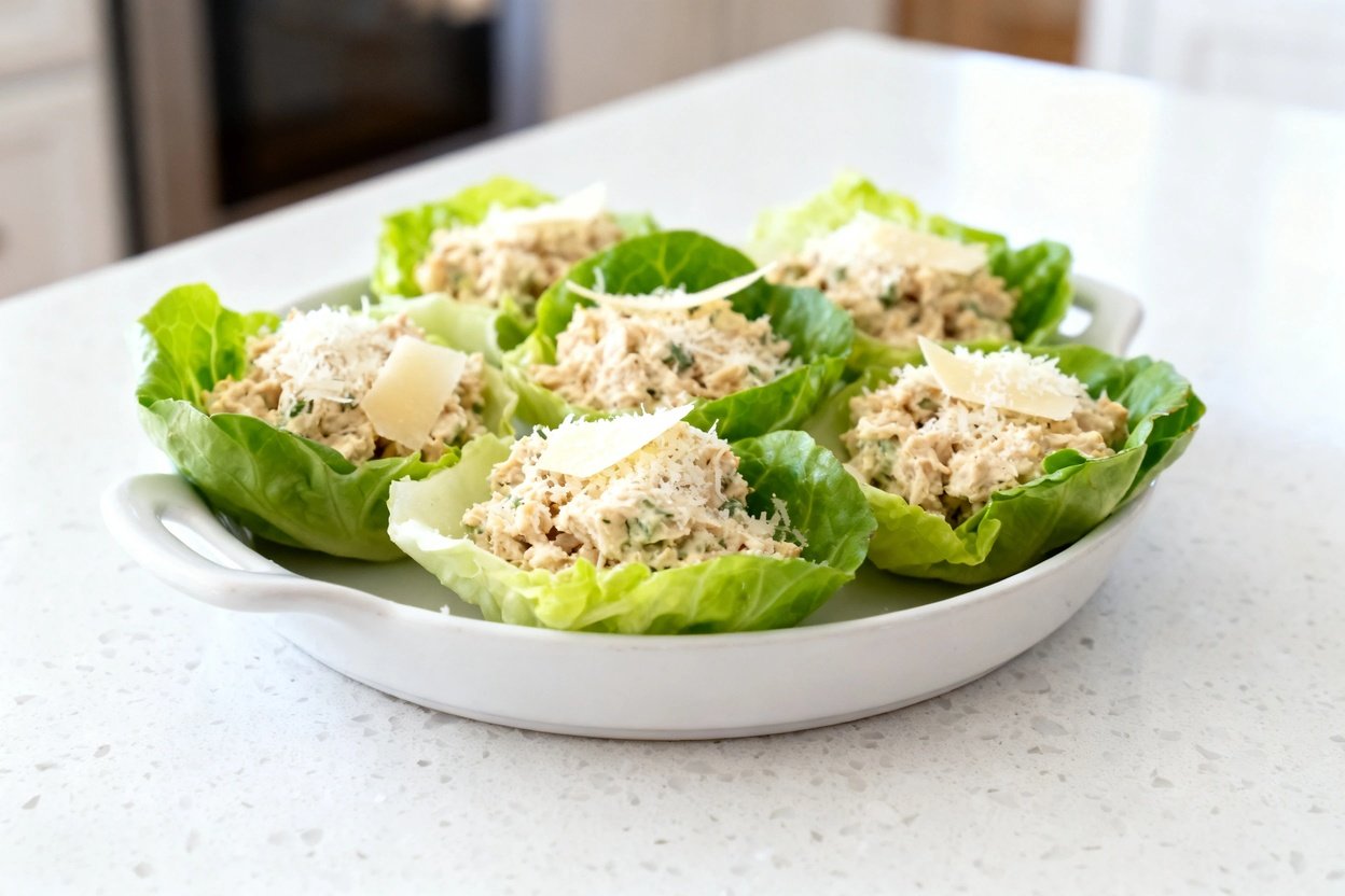 –40 degree perspective of the exact same finished keto tuna Caesar salad cups (same romaine cup shap