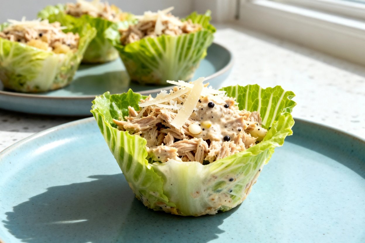  shot at 30–45 degrees of the same plated keto tuna Caesar salad cups on the same style light blue c