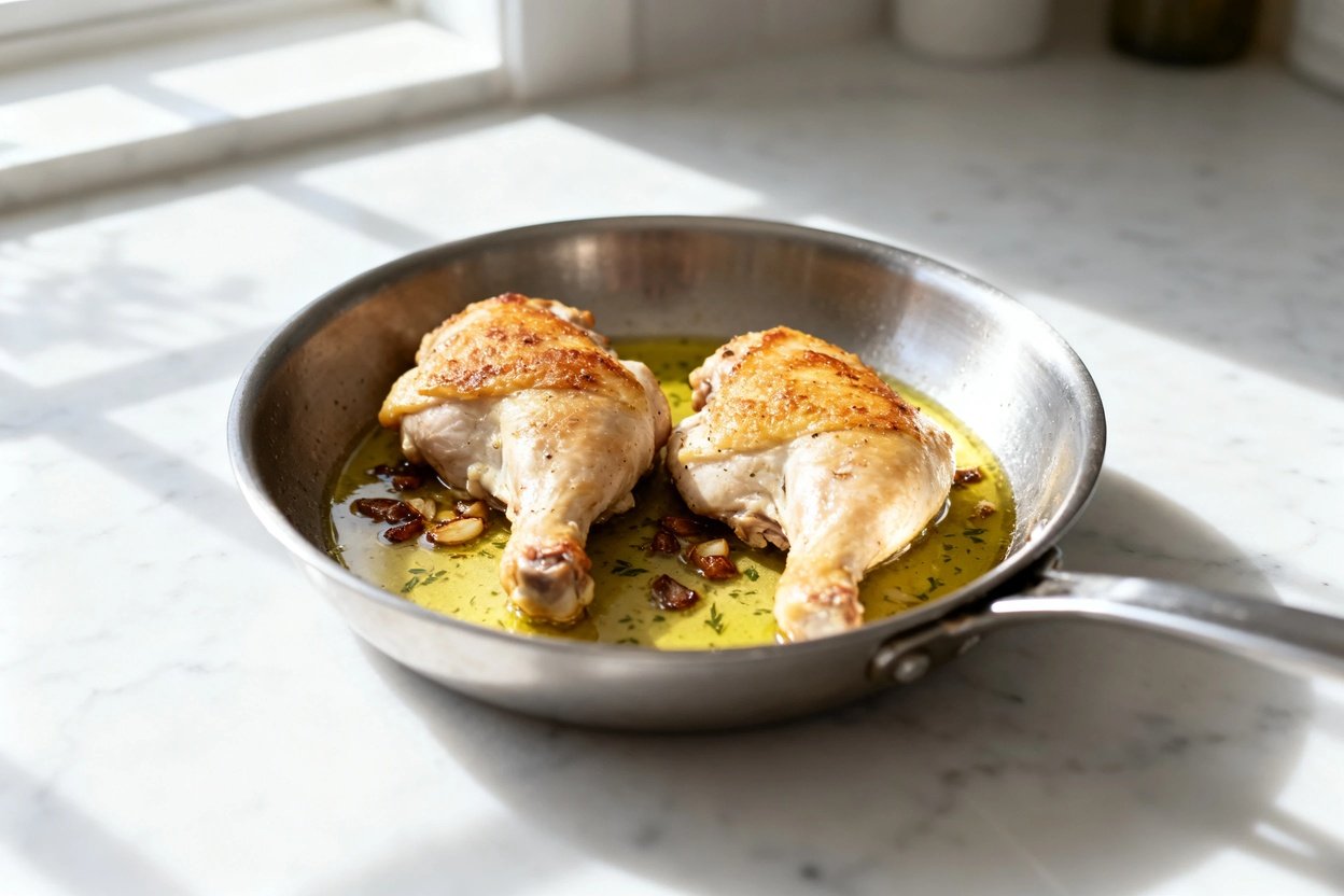 –40 degree perspective of the exact same finished one-pan keto lemon garlic chicken thighs (two bone