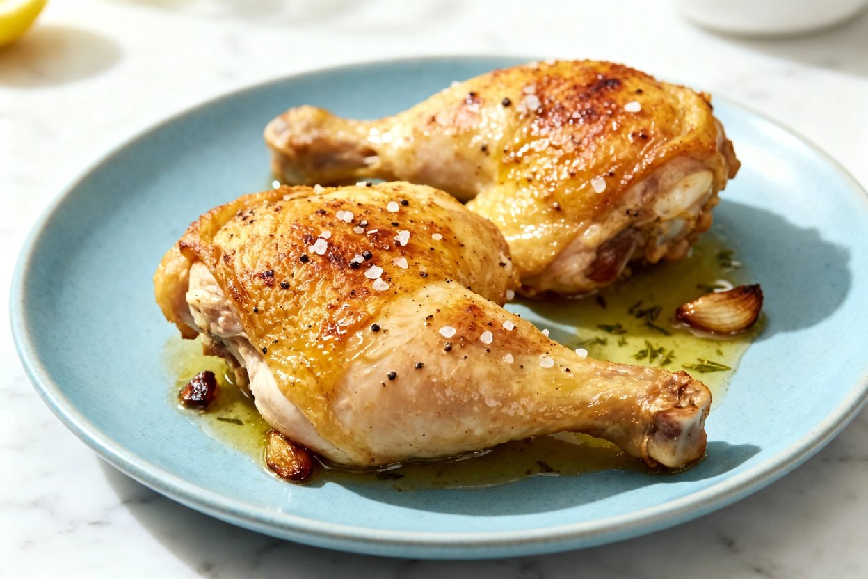 shot at 30–45 degrees of the same plated serving as Image 1: two bone-in, skin-on lemon garlic chic