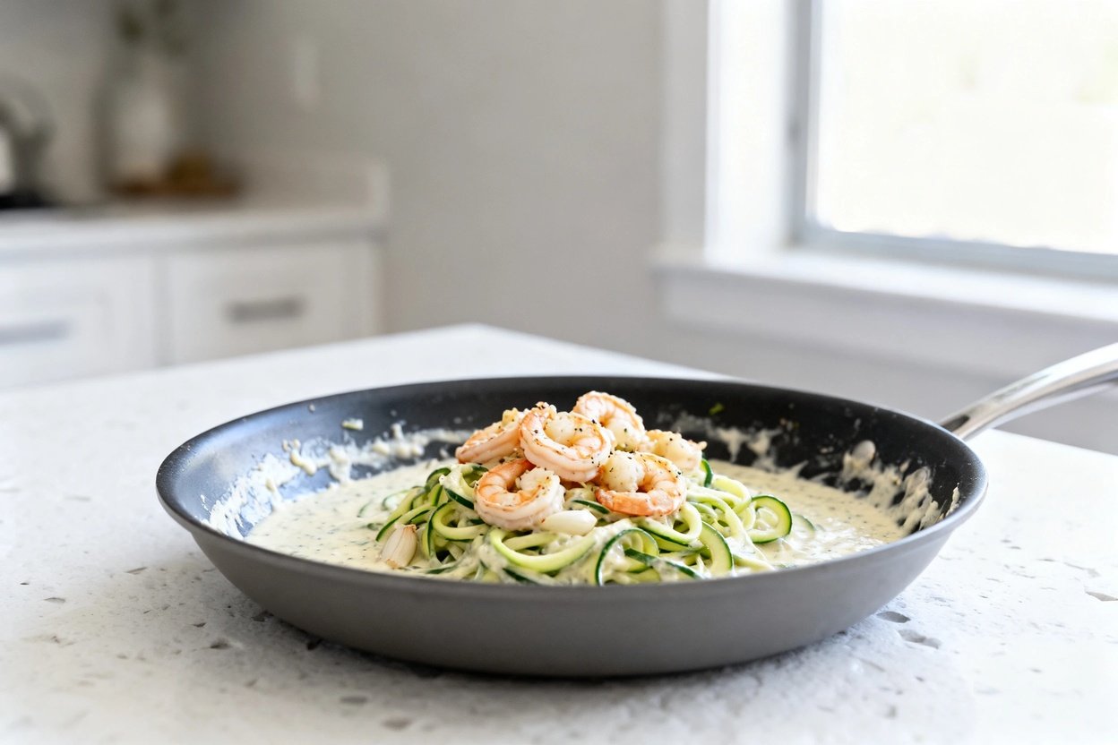 –40° camera perspective of the exact same finished one-pot keto shrimp Alfredo with zoodles (same vi