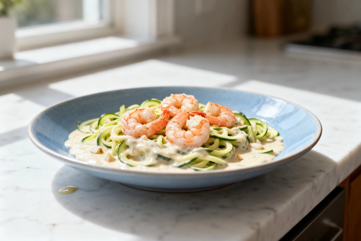  shot at 30–45° of the same plated serving of one-pot keto shrimp Alfredo with zoodles on the identi