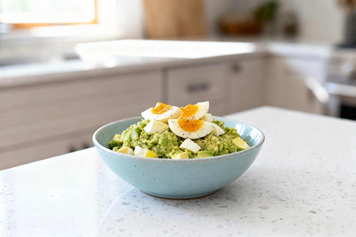 –40 degree camera view of the exact same finished keto avocado and egg bowl in the same light blue c