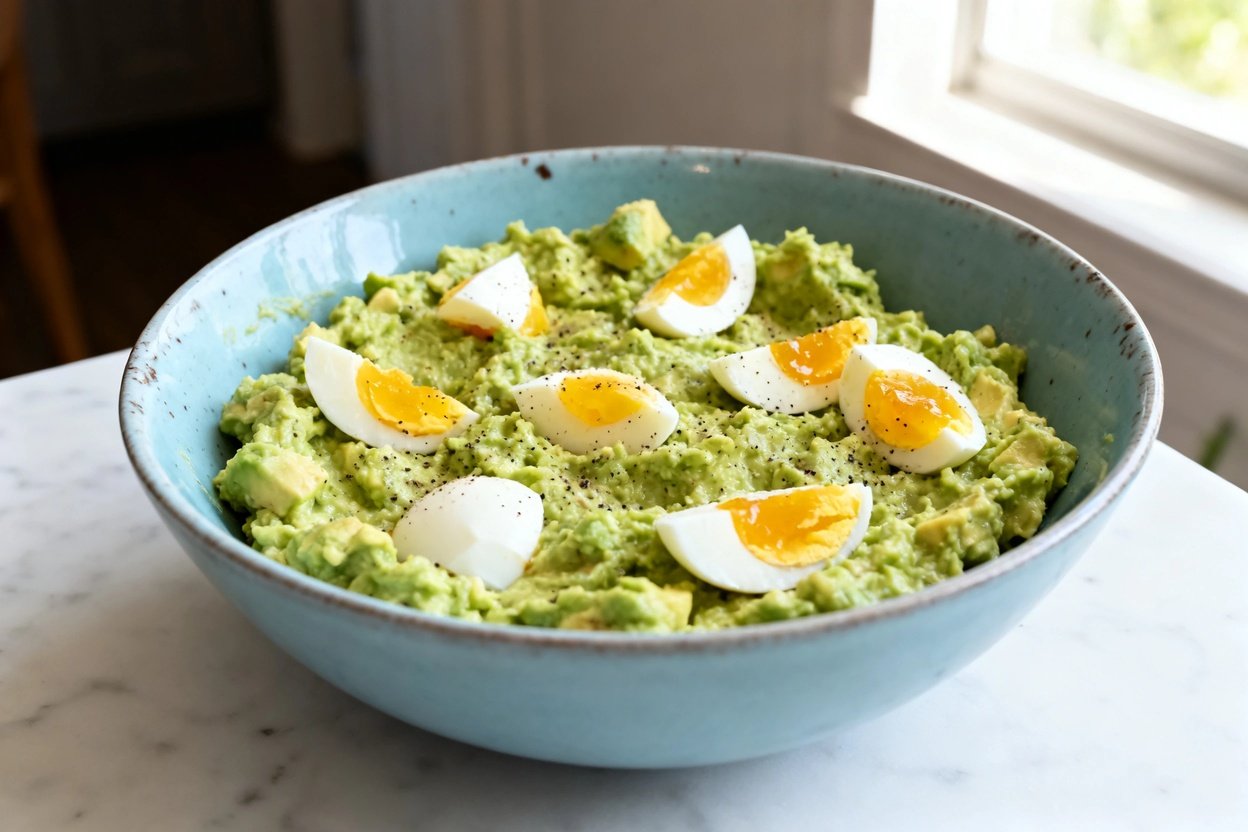  shot at 30–45 degrees of the same finished keto avocado and egg bowl on the same light blue ceramic