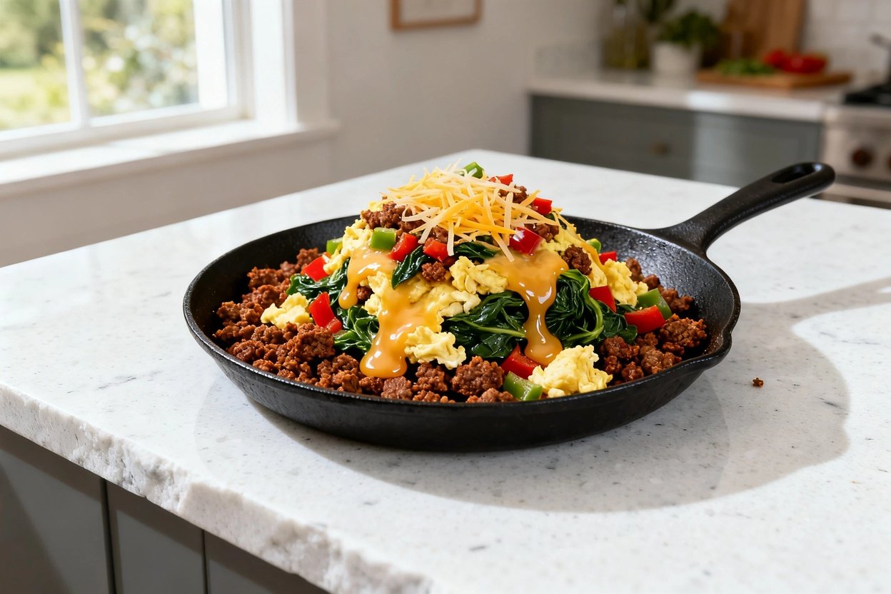 d photo at a 30–40 degree angle of the same finished keto breakfast chorizo skillet during the same 