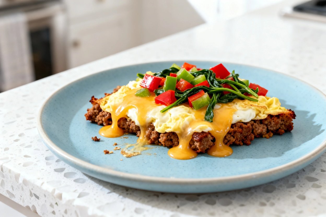hoto at a 30–45 degree angle of the same plated single serving of keto breakfast chorizo skillet on 