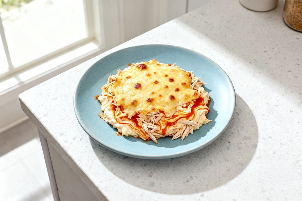 top-down food photo of a single serving of keto Buffalo chicken dip on a light blue ceramic plate (