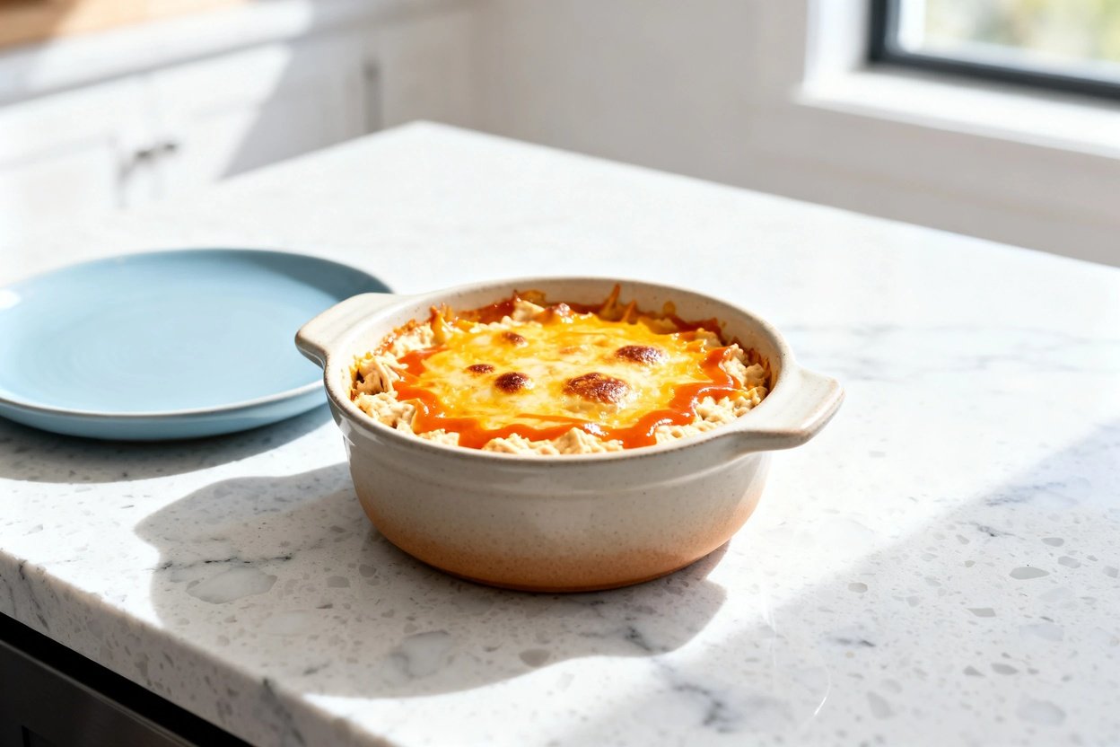mera perspective (about 30–40 degrees) showing the same finished keto Buffalo chicken dip during the