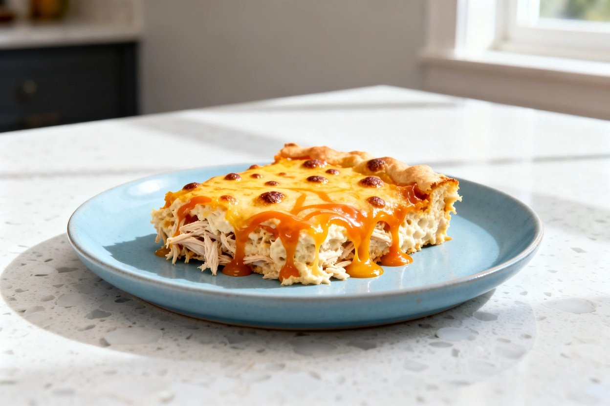 shot (about 30–45 degrees) of the same single serving of keto Buffalo chicken dip plated on the ide