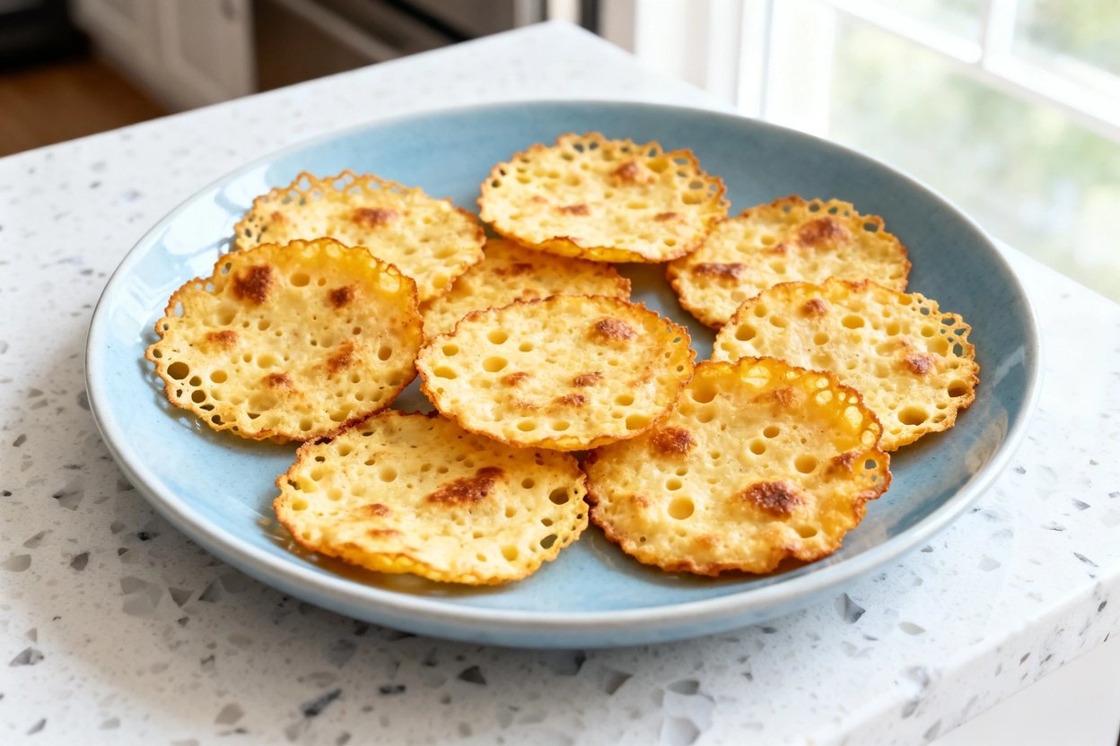 bout 30–40 degrees) realistic food photo of the same finished quick keto cheese crisps from the same