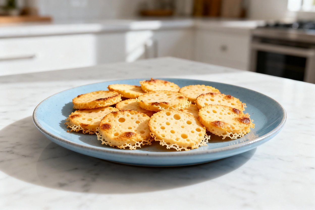 shot (about 30–45 degrees) of the same finished quick keto cheese crisps on the same light blue cer