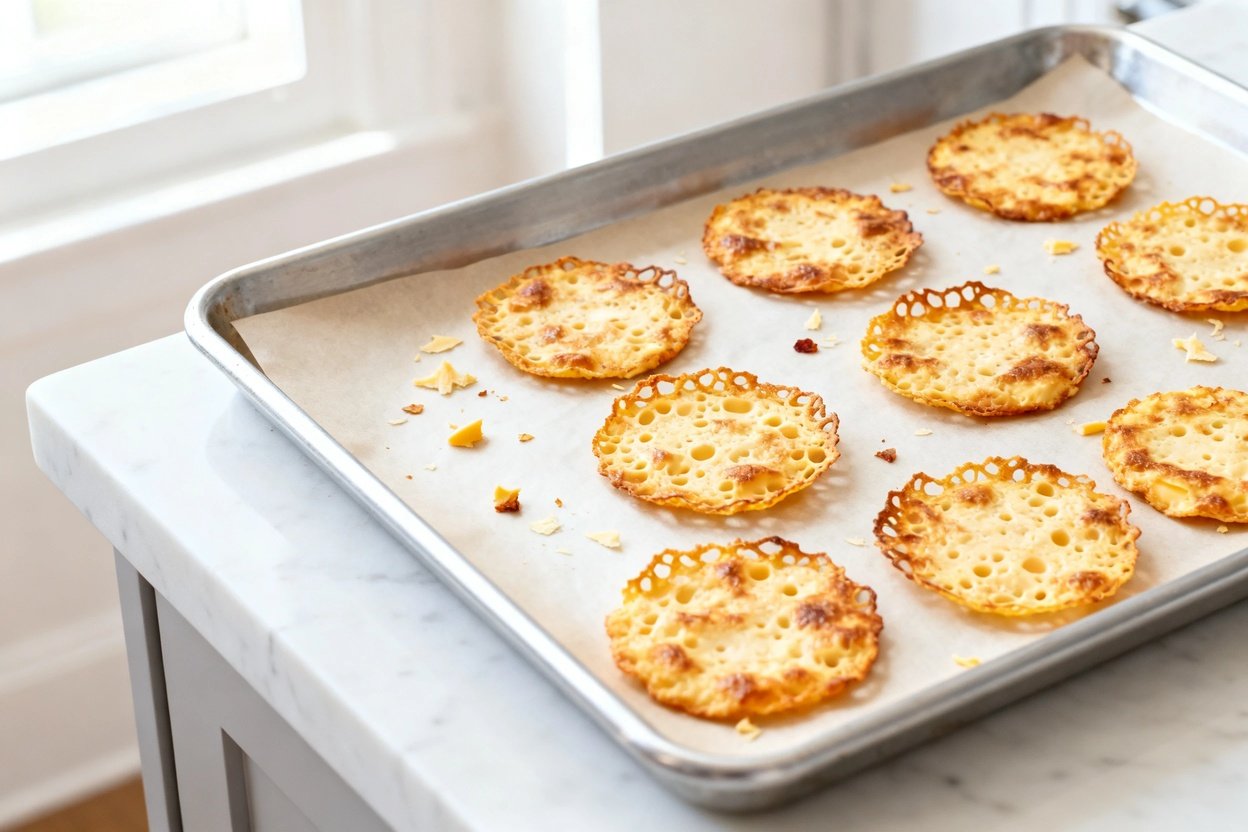 bout 35 degrees) realistic food photograph of the exact same finished keto cheese crisps (same round