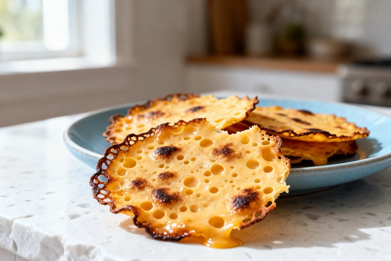 shot (about 40–45 degrees) of the same plated keto cheese crisps on the same light blue ceramic pla