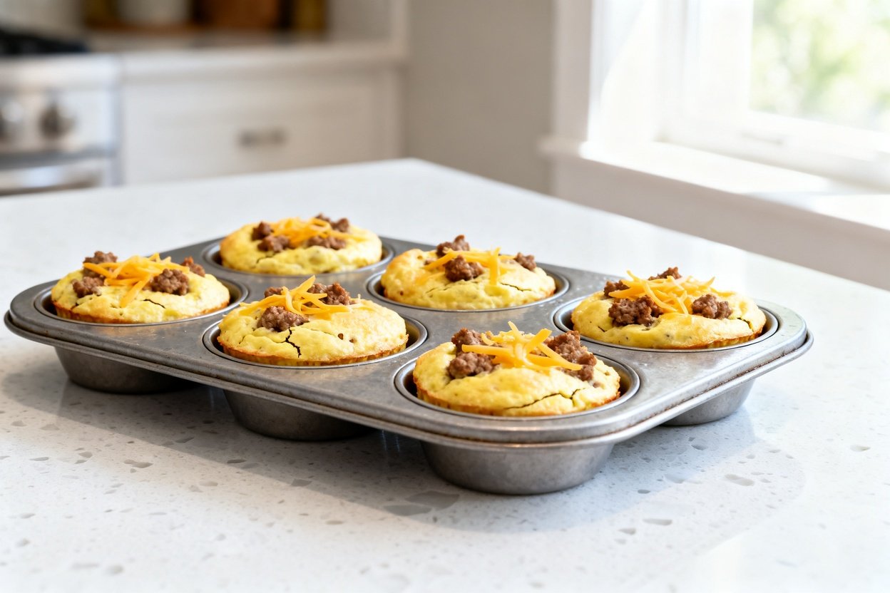 bout 35°) realistic home-kitchen photo of the exact same finished keto egg muffins with sausage and 