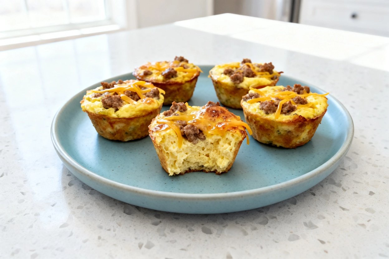  shot (about 40–45°) of the same finished keto egg muffins with sausage and cheese plated on the sam