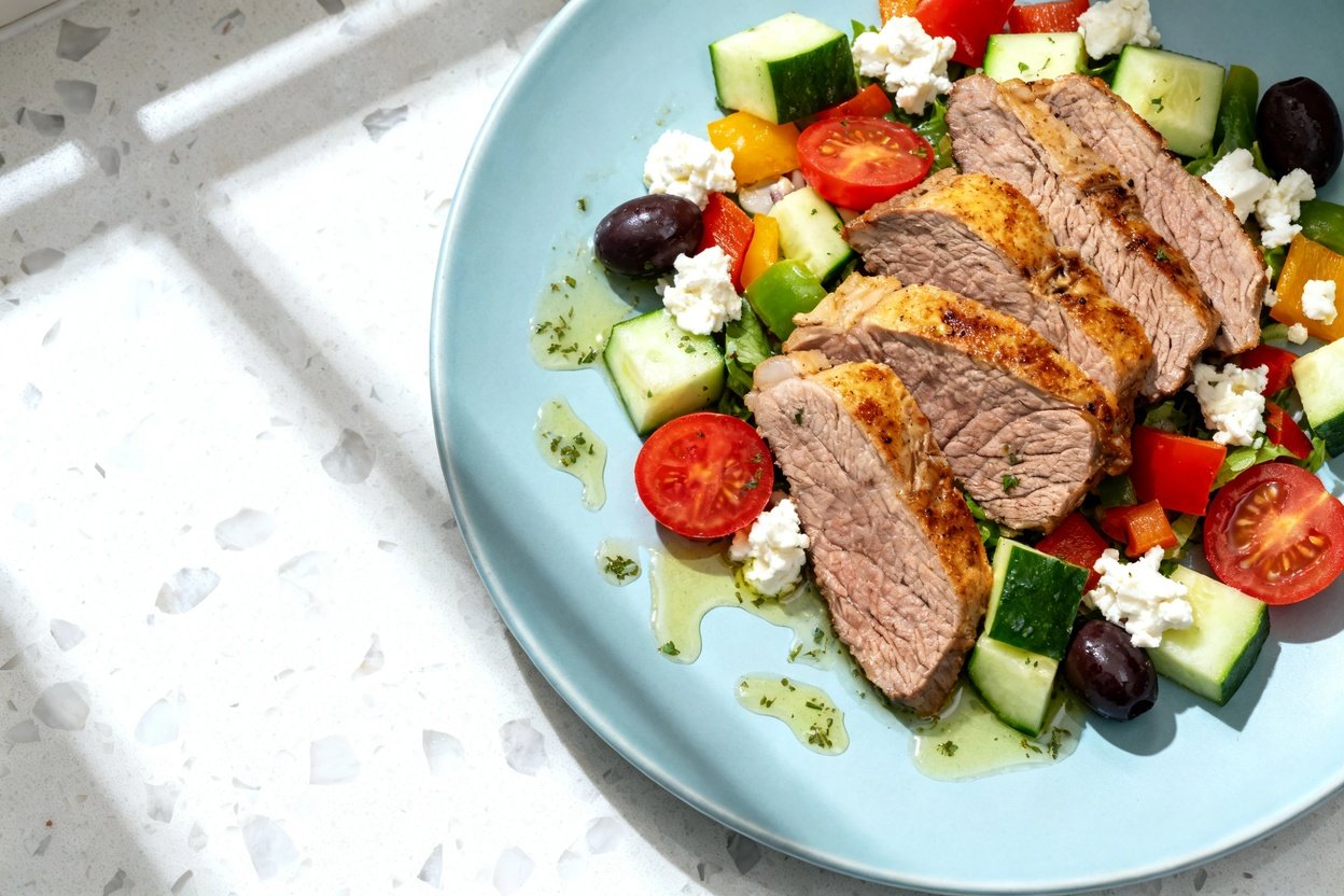 top-down food photo of a single serving Quick Keto Mediterranean Lamb Salad on a light blue ceramic