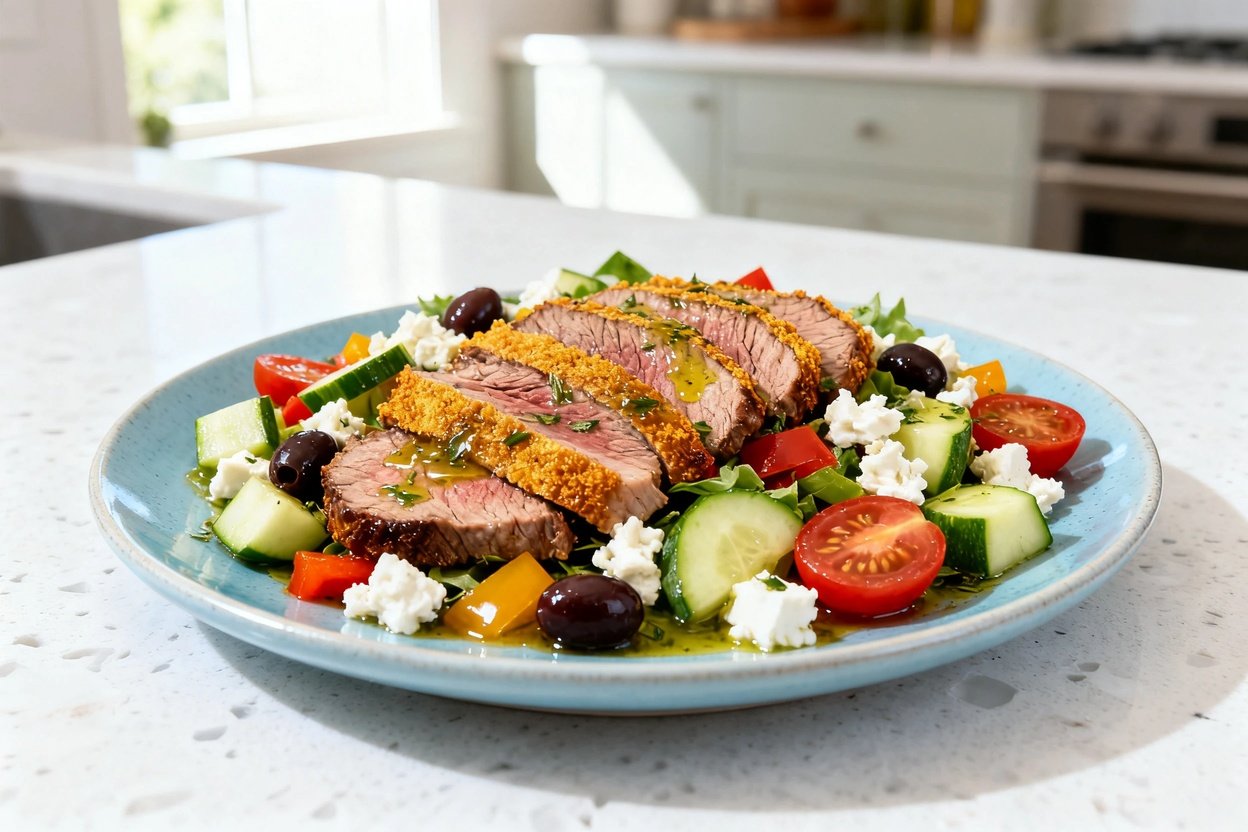 –40 degree perspective photo of the same finished Quick Keto Mediterranean Lamb Salad in the same li