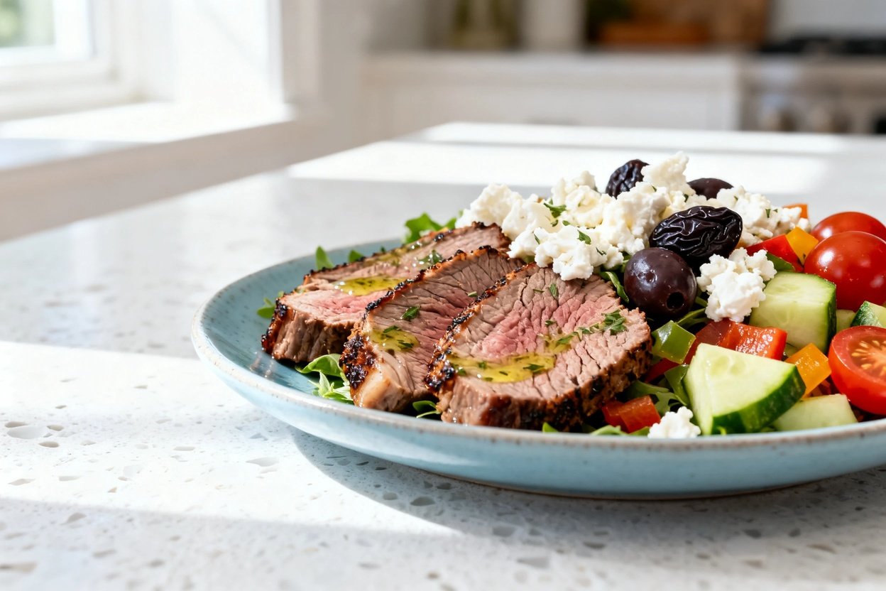  shot at about 30–45 degrees of the same plated Quick Keto Mediterranean Lamb Salad on the same ligh