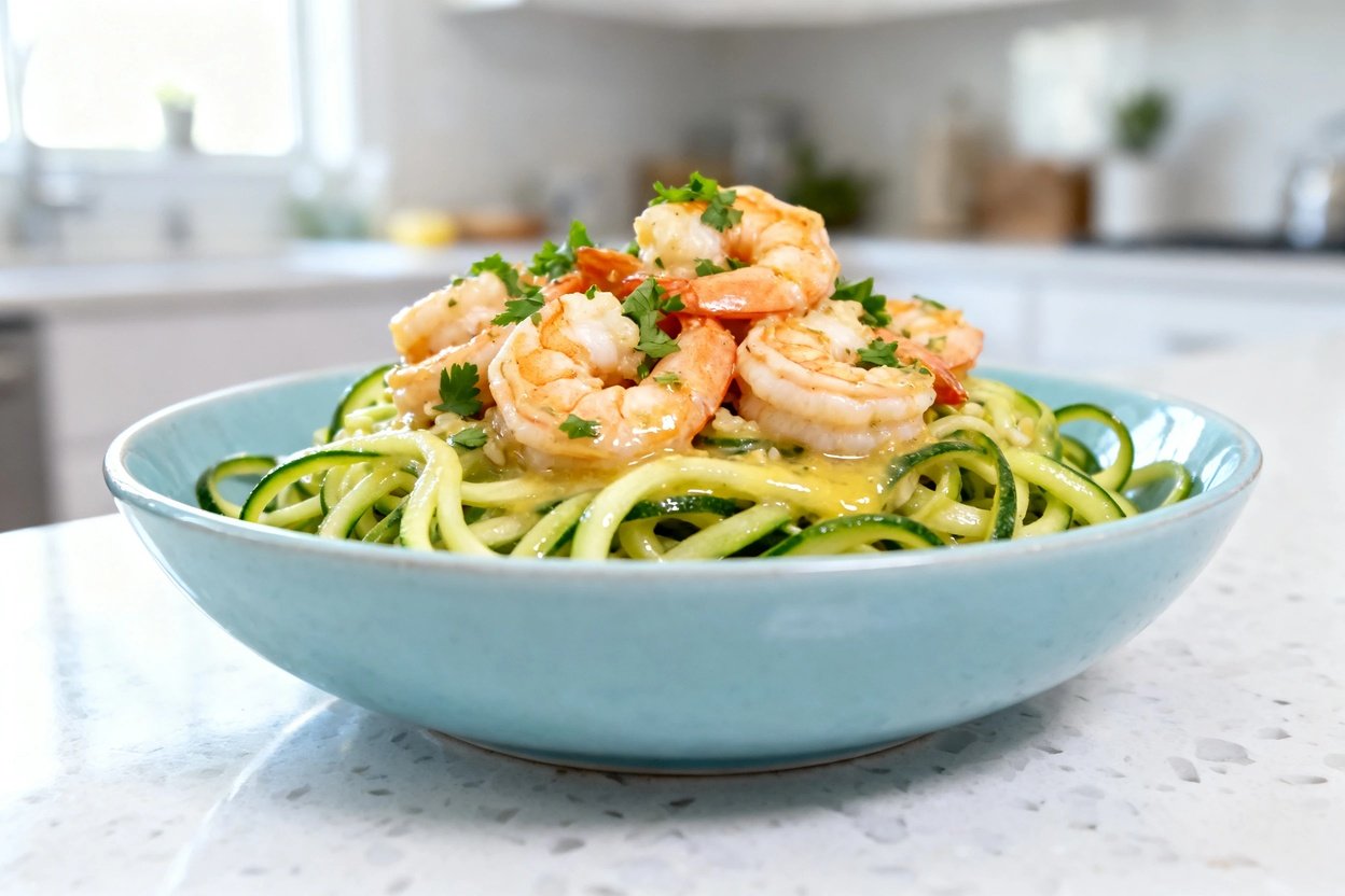 bout 35 degrees) realistic food photo of the exact same finished Keto Shrimp Scampi with Zoodles, sa