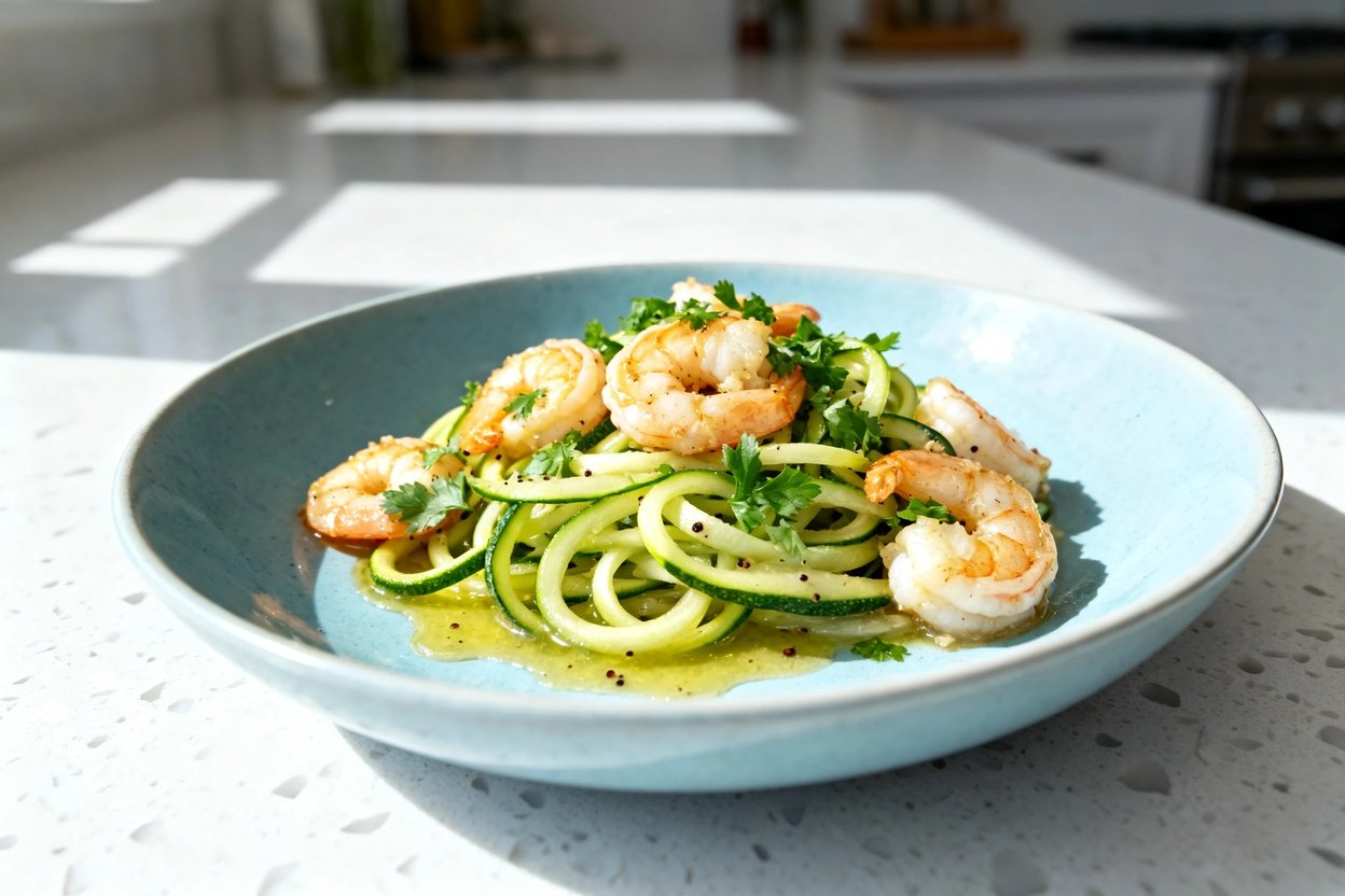  shot (about 40–45 degrees) of the same plated Keto Shrimp Scampi with Zoodles on the identical ligh