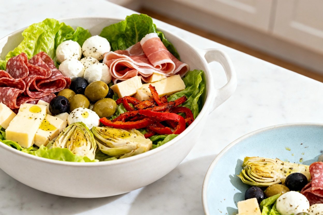 bout 30–40 degrees) close food photo of the exact same finished Keto Antipasto Salad Bowl (same ingr