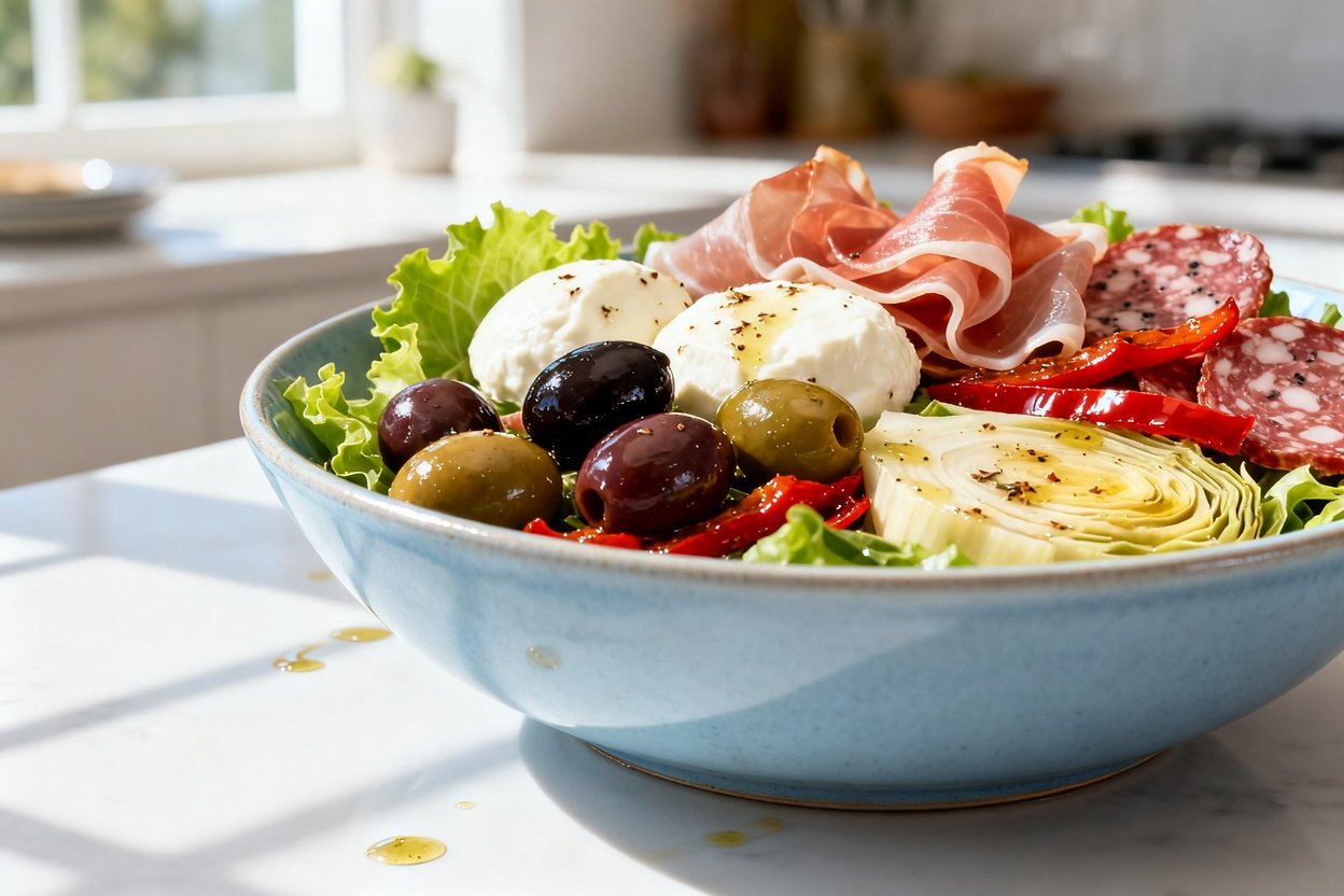  (about 30–45 degrees) of the same single-serving Keto Antipasto Salad Bowl plated on the identical 