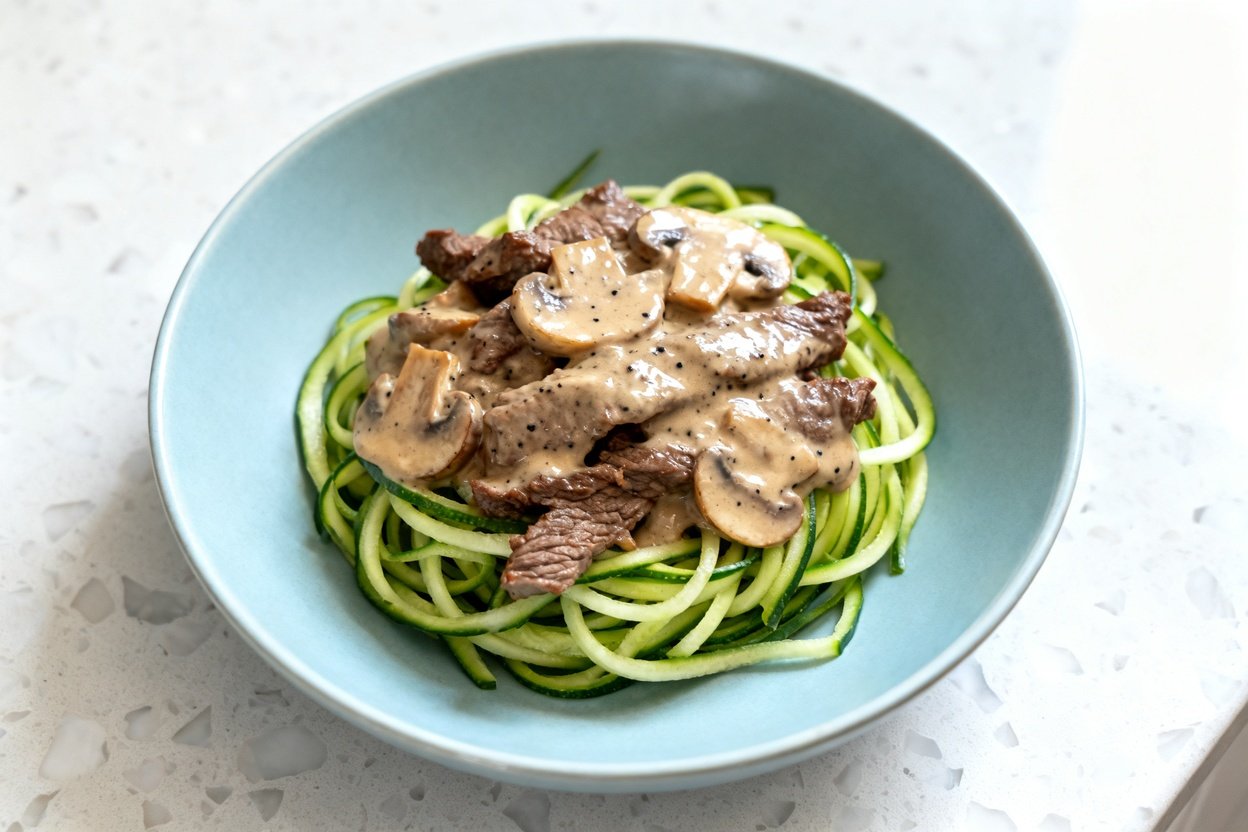 top-down food photo of a single serving of keto beef stroganoff: tender sliced strips of seared bee