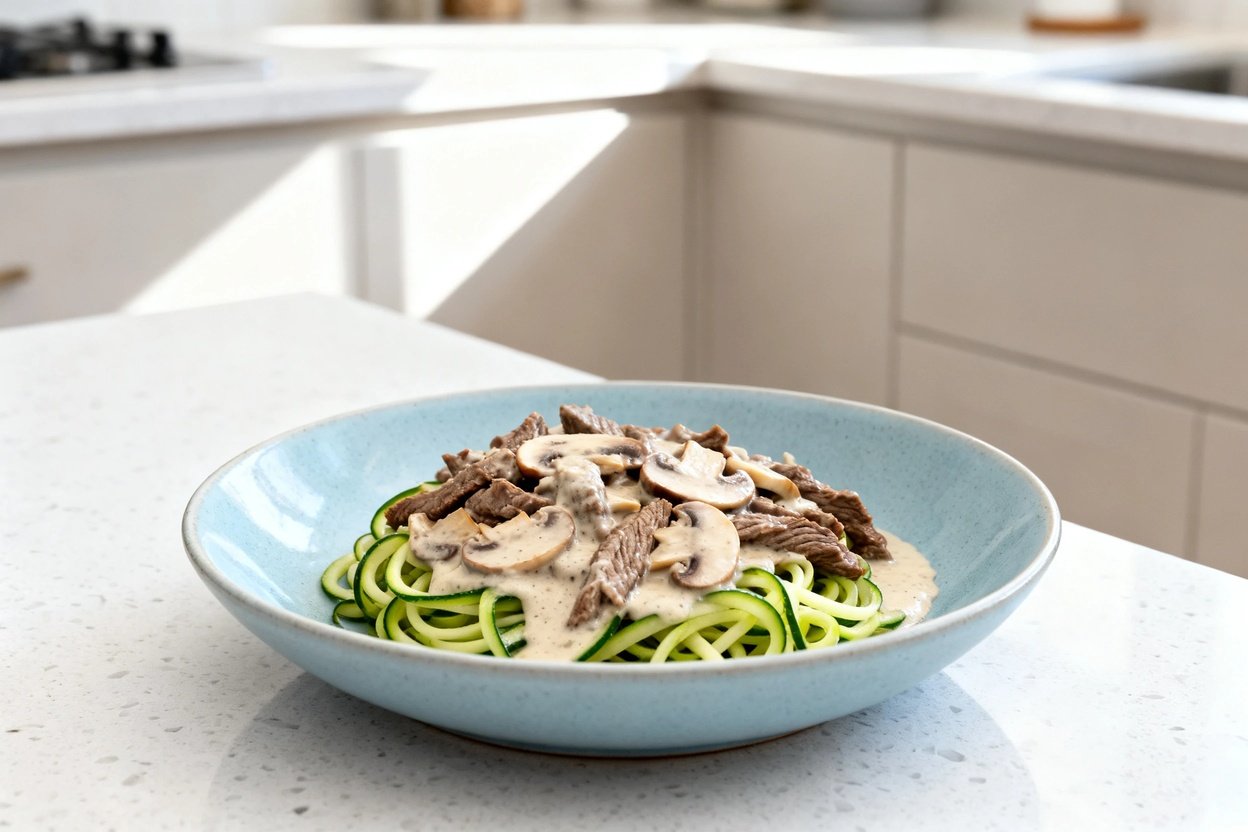 bout 35 degrees) realistic home-kitchen photo of the same finished keto beef stroganoff, identical p