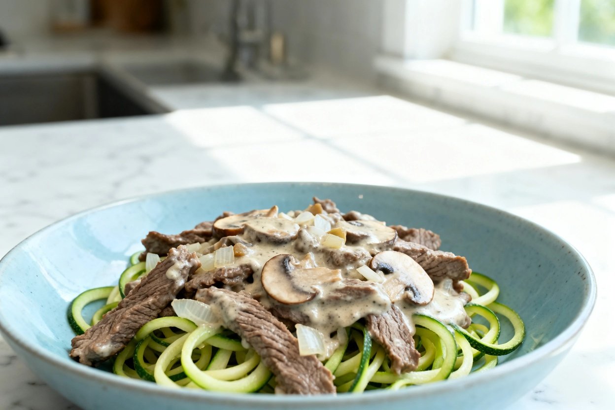 shot (about 40–45 degrees) focusing on texture: the same plated keto beef stroganoff on the same id