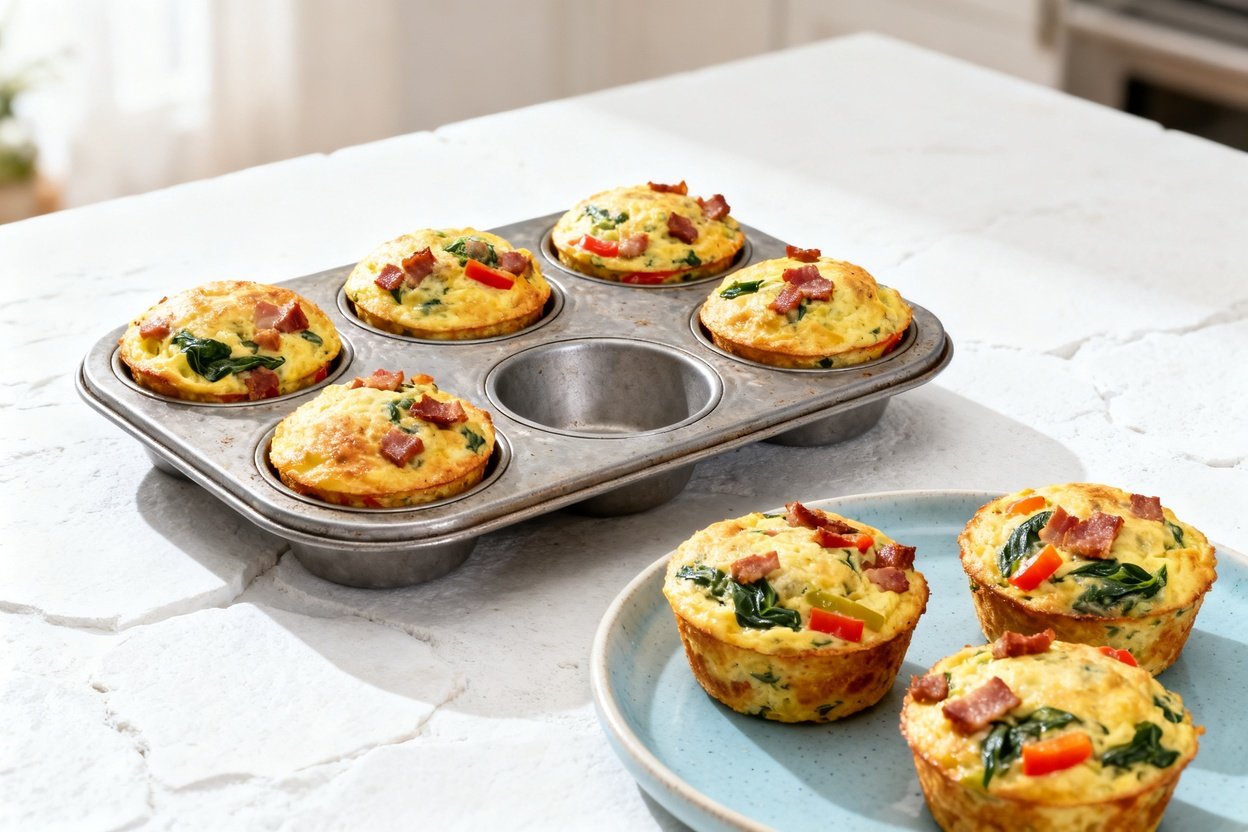 bout 30–40 degrees) realistic food photo of the exact same finished keto egg muffins: the same batch