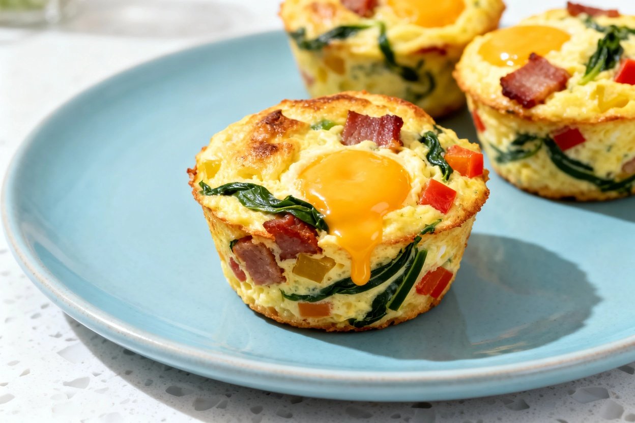 shot (about 30–45 degrees) of the same plated single serving of keto egg muffins on the same light