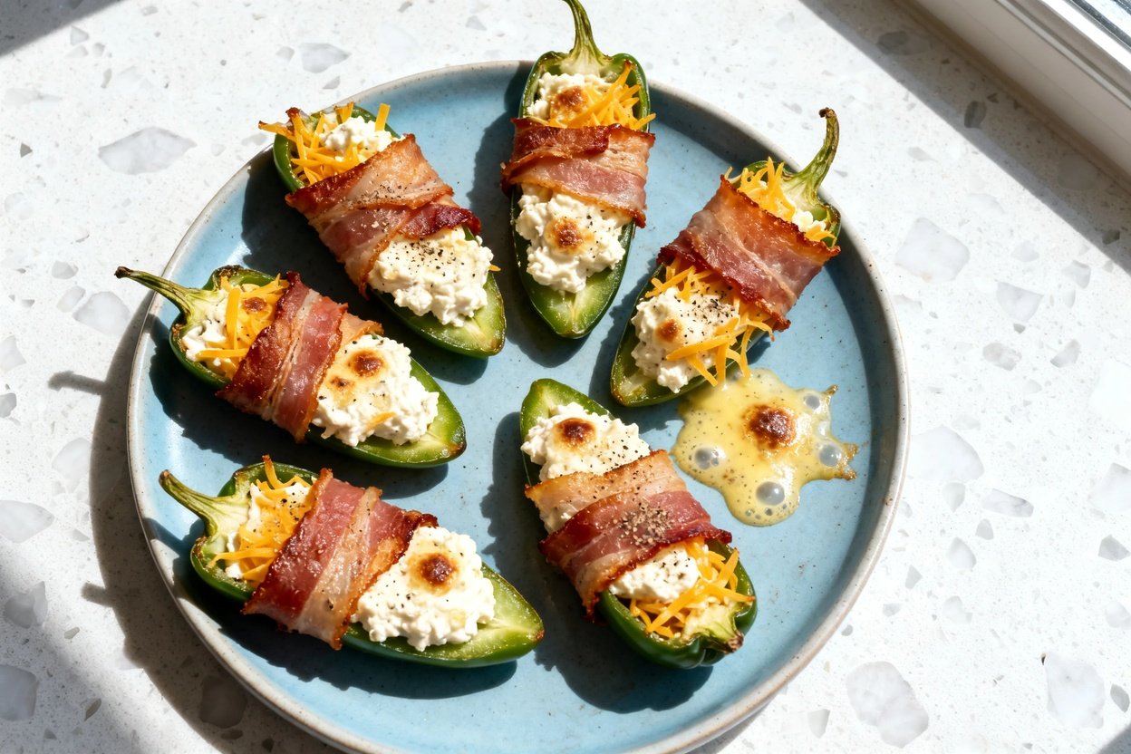 top-down food photo of spicy keto jalapeño poppers: jalapeños halved lengthwise and generously fille
