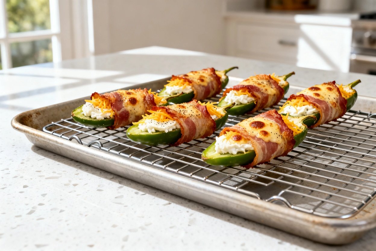 bout 35°) realistic home kitchen photo of the exact same finished spicy keto jalapeño poppers—halved