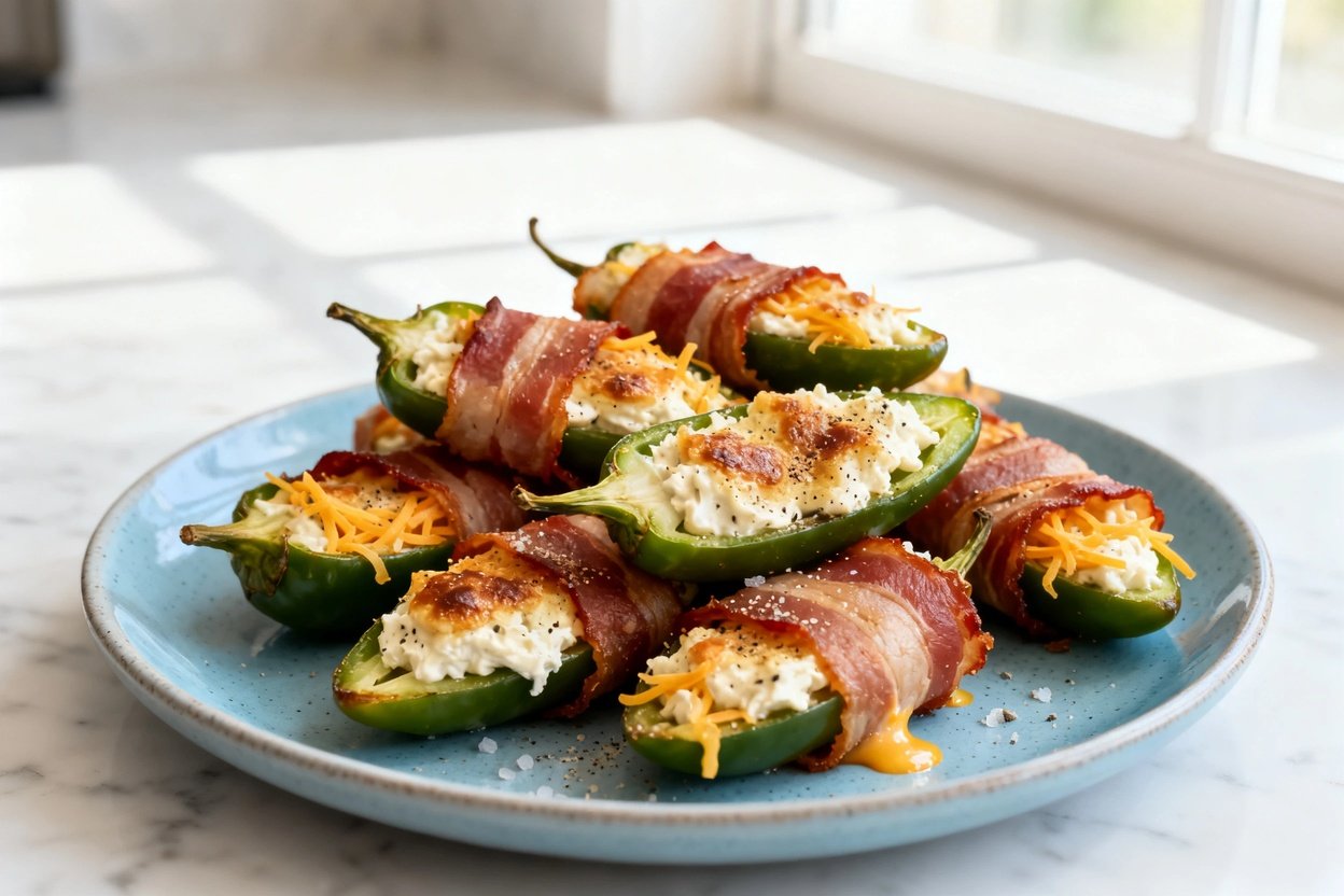  shot (about 40–45°) of the same finished spicy keto jalapeño poppers on the same identical light bl