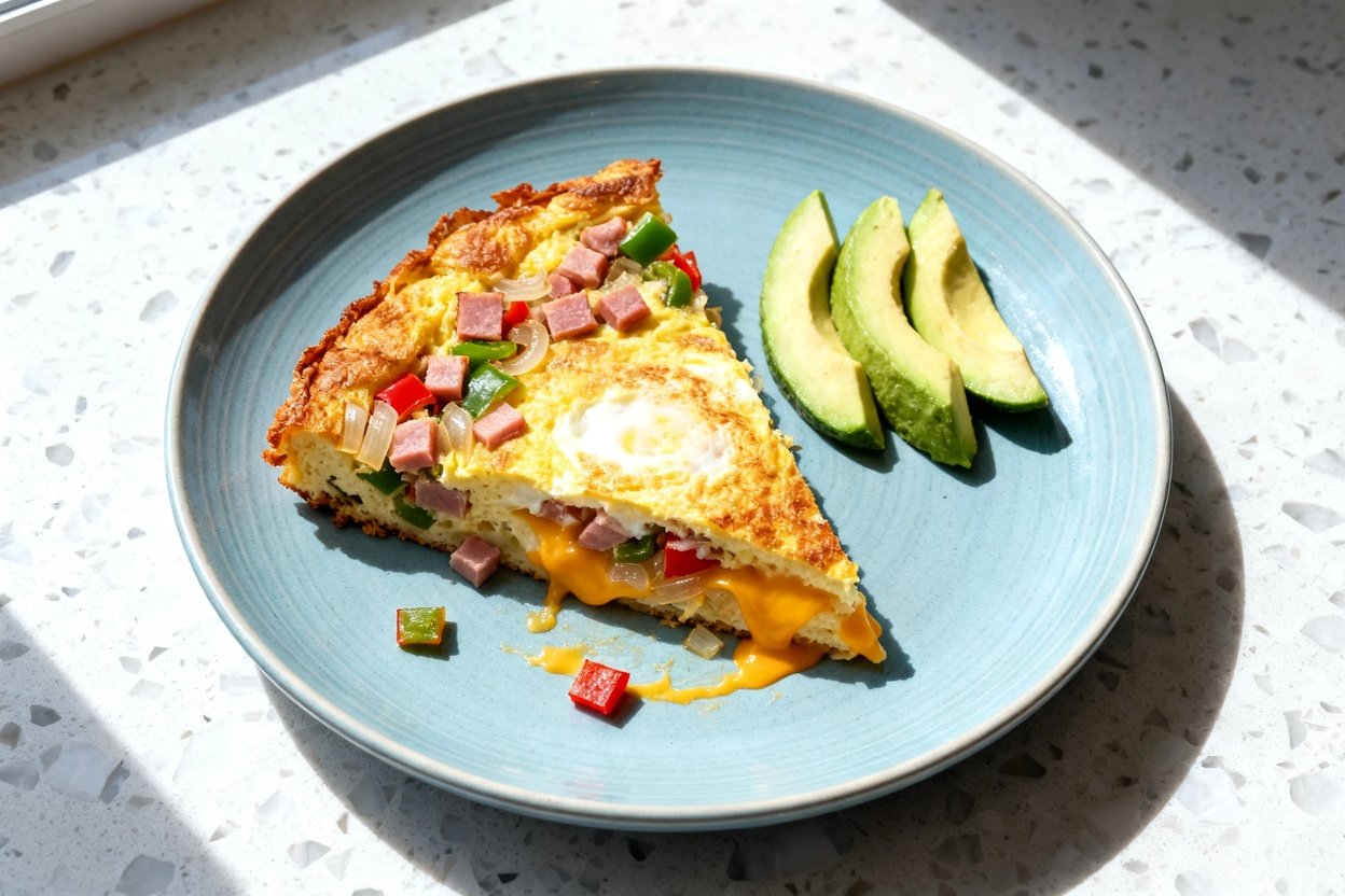 top-down food photo of a single serving wedge of Keto Denver Omelet Breakfast Skillet: a thick, gol