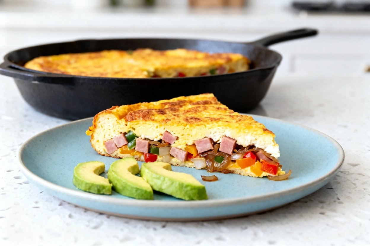 bout 30–40°) photo of the exact same Keto Denver Omelet Breakfast Skillet slice and plating concept: