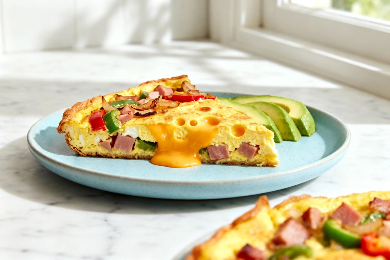 shot (about 30–45°) of the same plated wedge of Keto Denver Omelet Breakfast Skillet on the same li