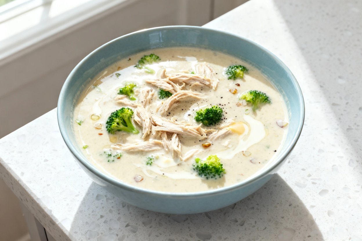 top-down food photo of a single serving bowl of keto creamy chicken and broccoli soup: thick, rich