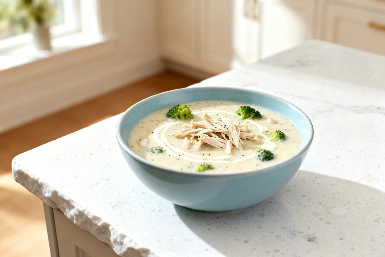 bout 35 degrees) realistic food photograph of the same keto creamy chicken and broccoli soup, same p