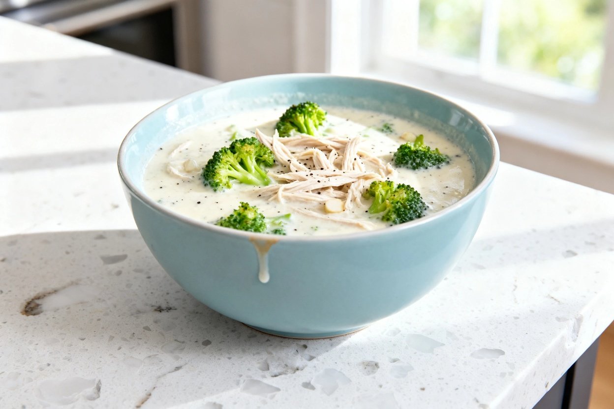 shot (about 40–45 degrees) focusing on texture of the same finished keto creamy chicken and broccol