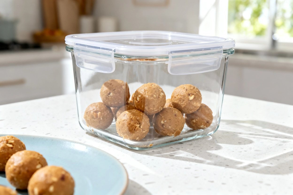 –40° perspective of the exact same finished no-bake keto peanut butter bites (same size, same tan co