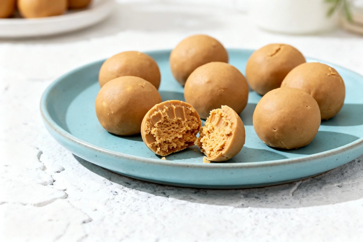 shot at ~35–45° of the same no-bake keto peanut butter bites on the same light blue ceramic plate, 