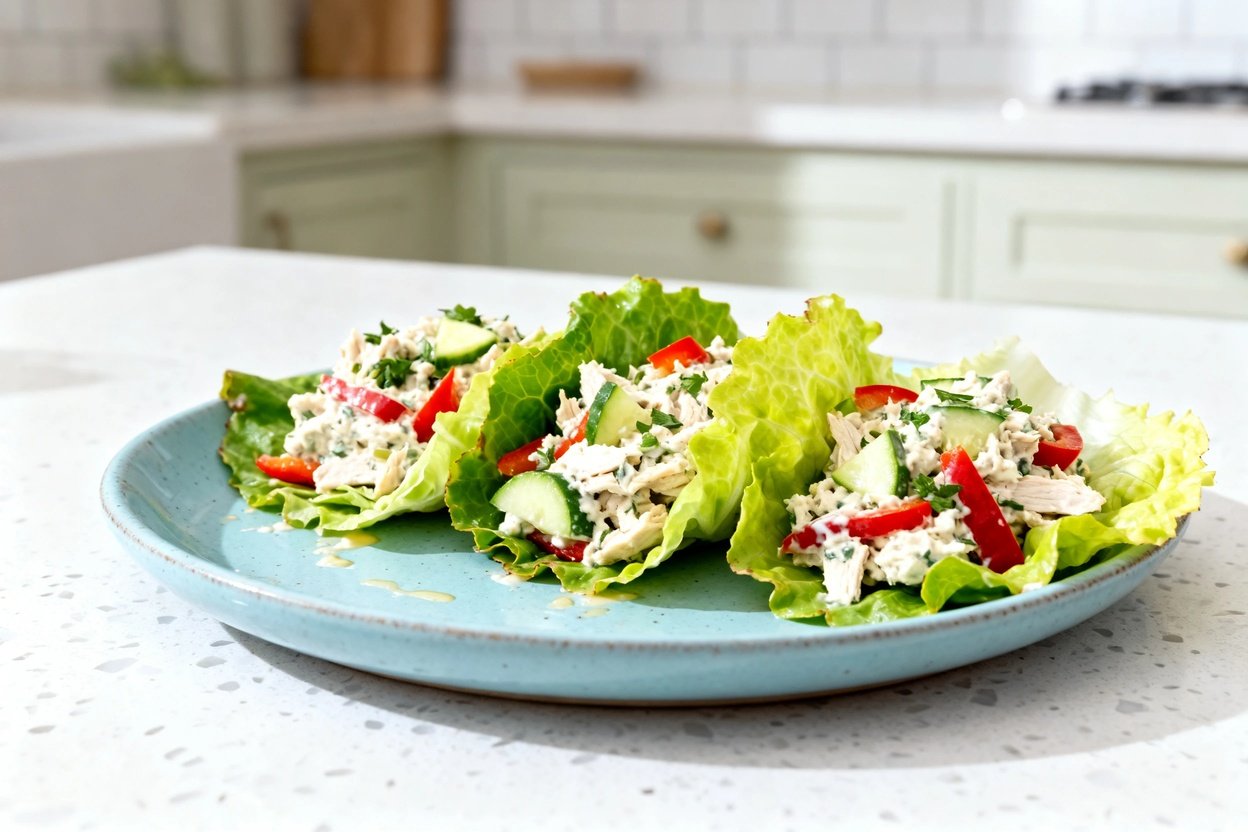 –40 degree camera view of the same finished zesty low carb chicken salad lettuce wraps (same number 