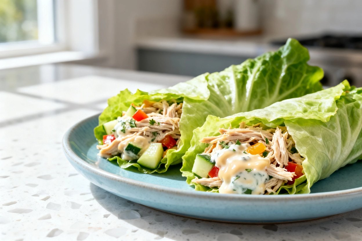  shot at ~35–45 degrees focusing on the texture of the same zesty low carb chicken salad lettuce wra