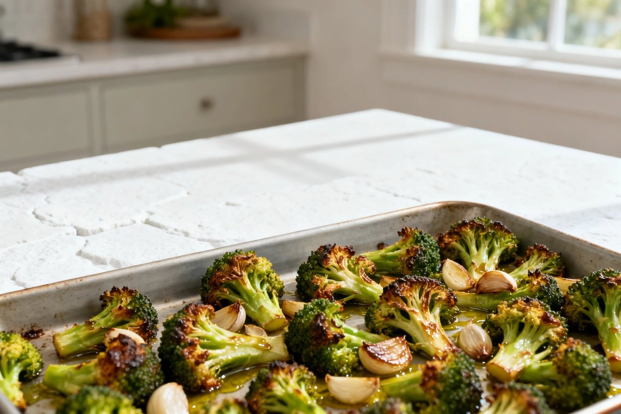 bout 30–40 degrees) realistic home-kitchen photo of the exact same finished Low Carb Roasted Garlic
