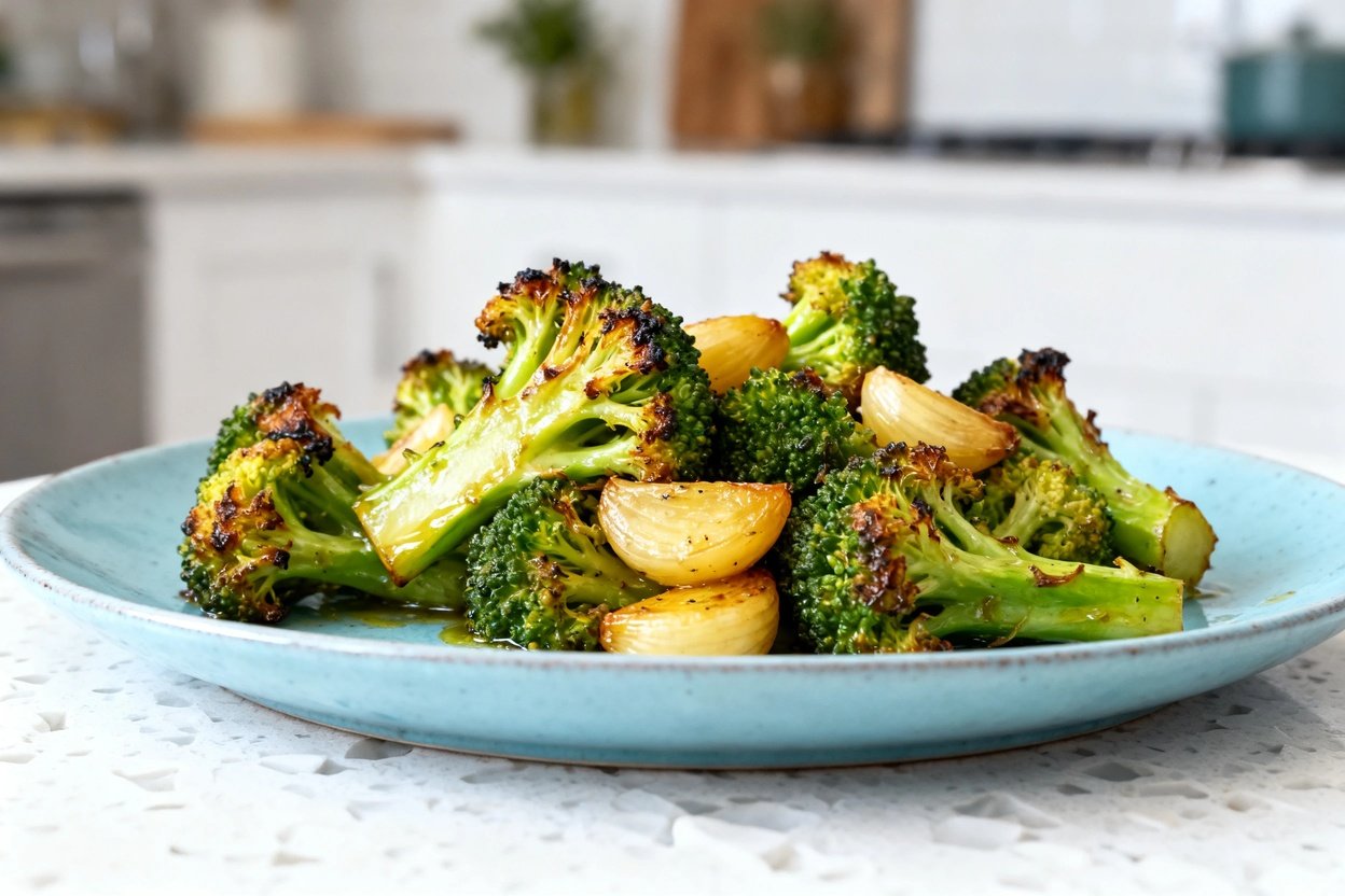 shot (about 30–45 degrees) of the same plated Low Carb Roasted Garlic Broccoli on the same light bl