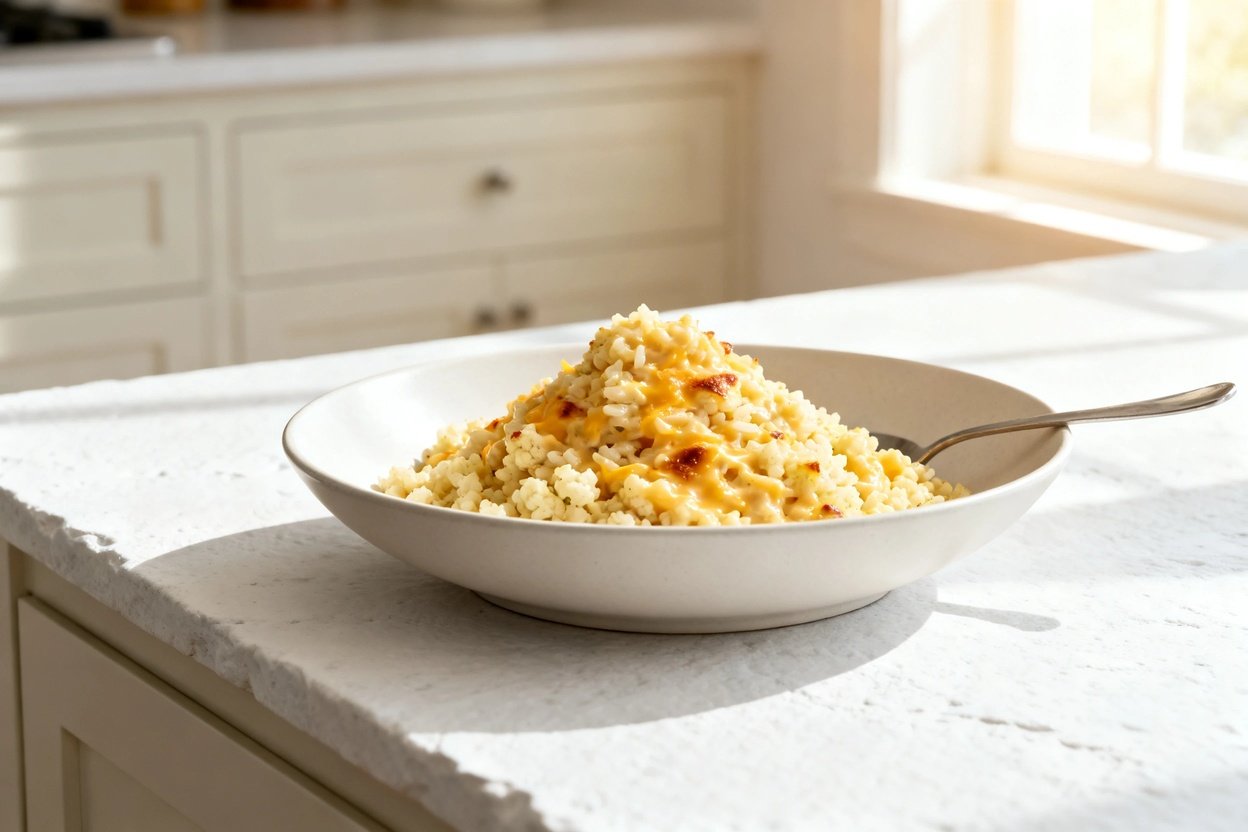 bout 30–40 degrees) realistic home kitchen photo of the exact same finished creamy cheesy keto cauli