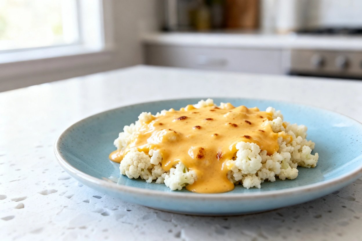  shot (about 30–45 degrees) of the same creamy, indulgent cheesy keto cauliflower rice plated on the