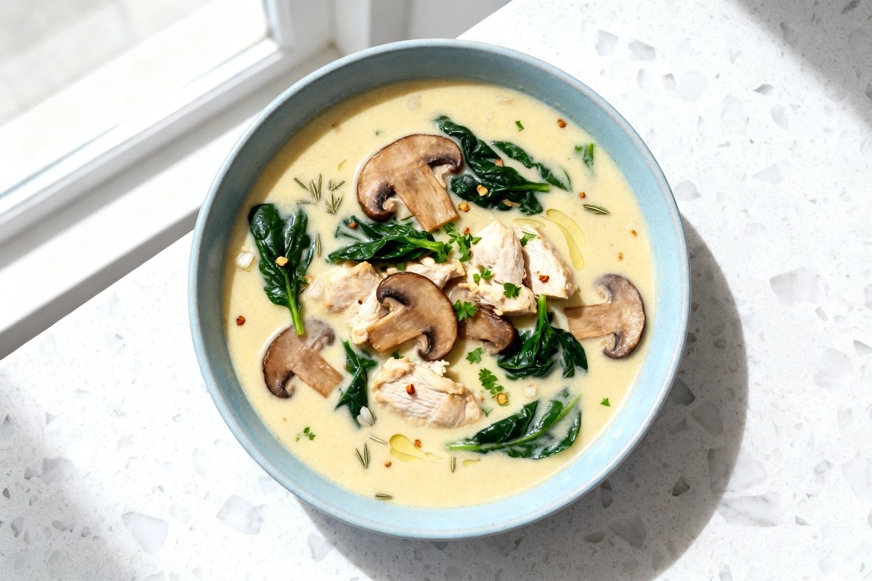 top-down food photo of a single serving bowl of creamy keto chicken mushroom soup centered on a lig